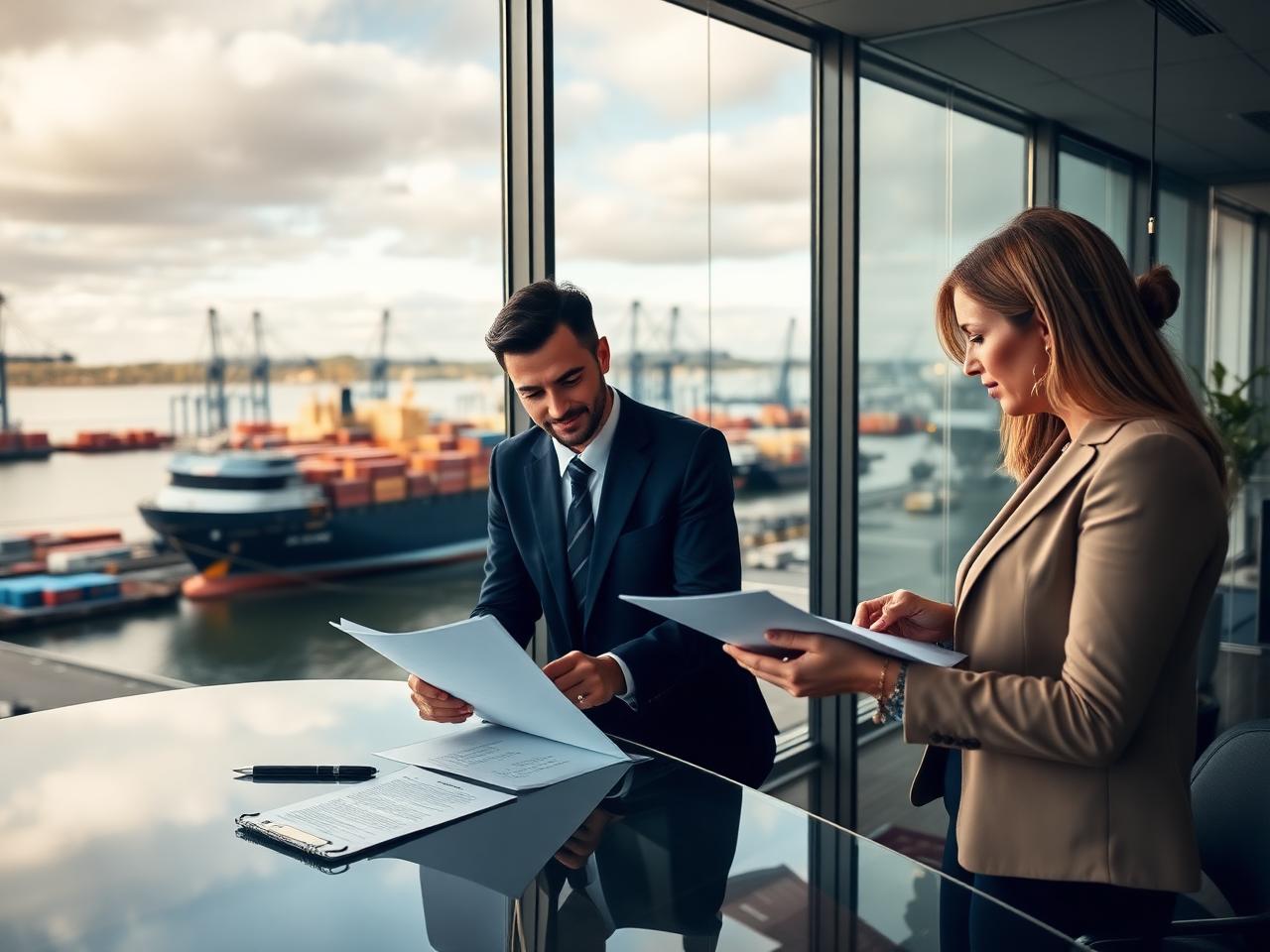 Trade professionals reviewing export documents in an office overlooking a port