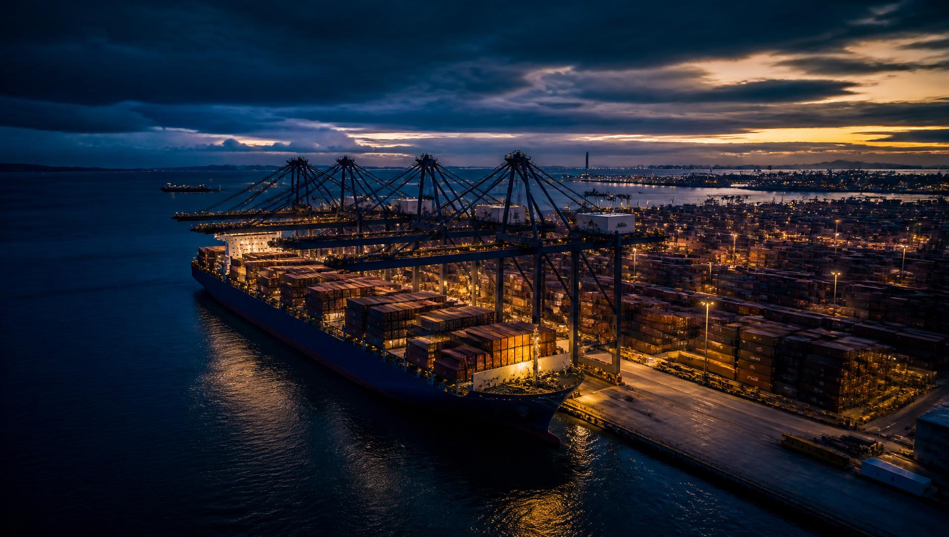 Container ship being loaded at an international port at dusk
